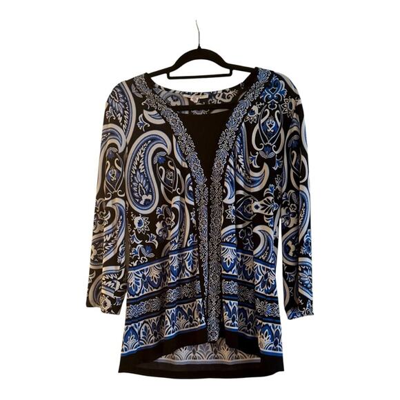 JM Collection Elegant Navy Blue Paisley Top - Picture 1 of 4